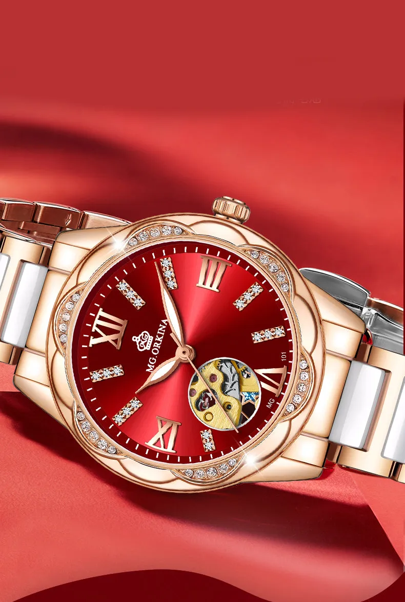 Women's Diamond Hollow Automatic Mechanical Ceramic Strap Wristwatches