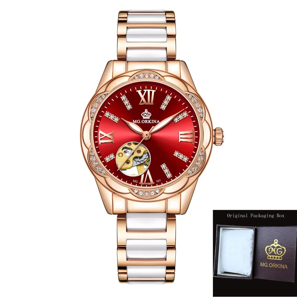 Women's Diamond Hollow Automatic Mechanical Ceramic Strap Wristwatches