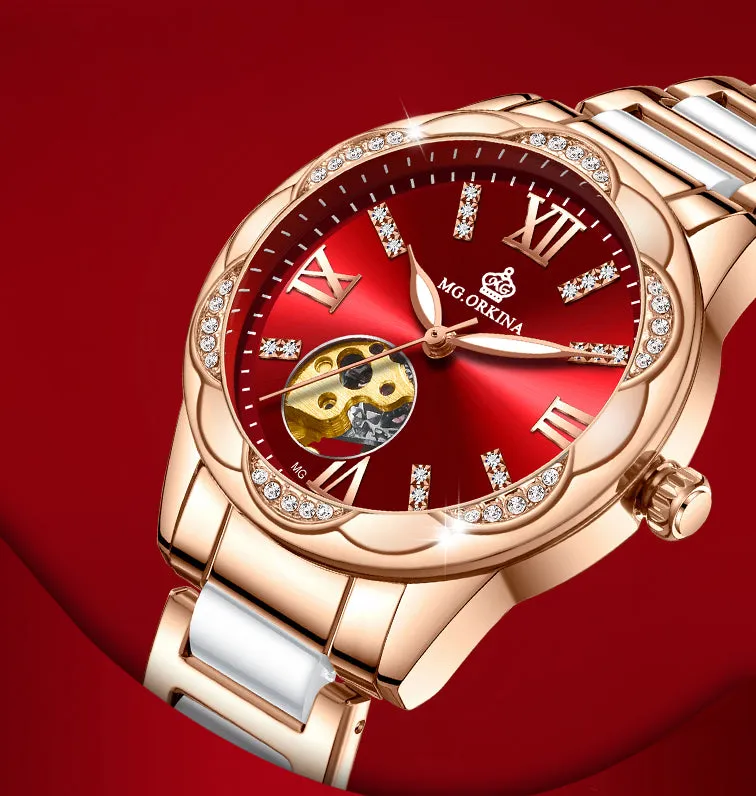 Women's Diamond Hollow Automatic Mechanical Ceramic Strap Wristwatches