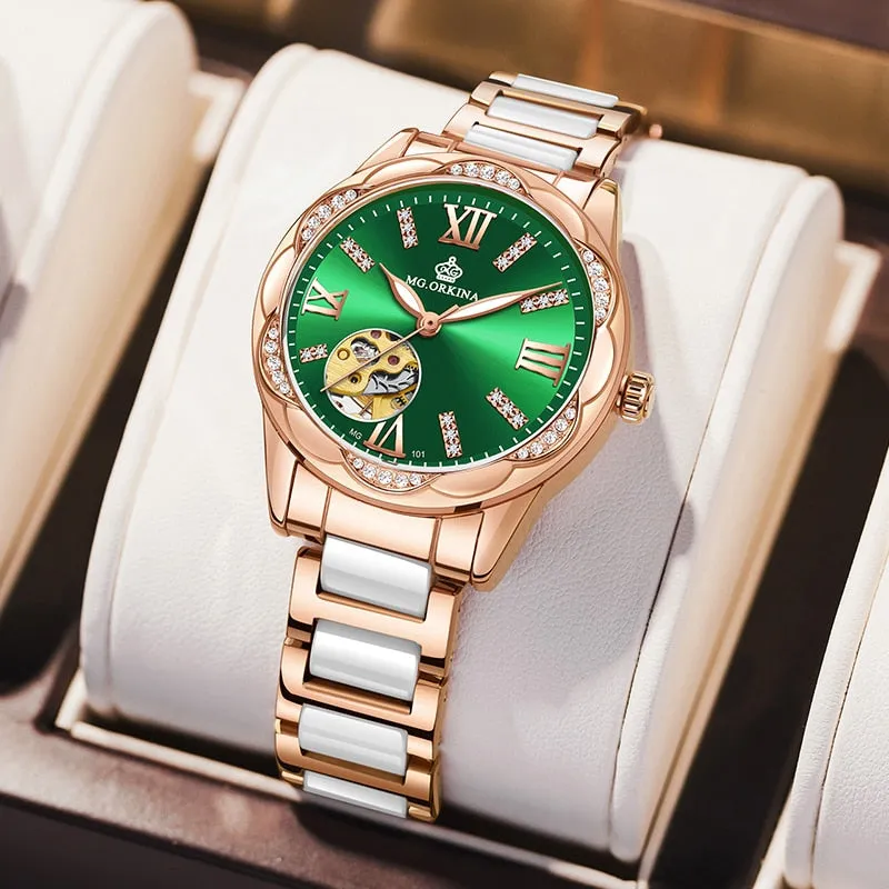 Women's Diamond Hollow Automatic Mechanical Ceramic Strap Wristwatches