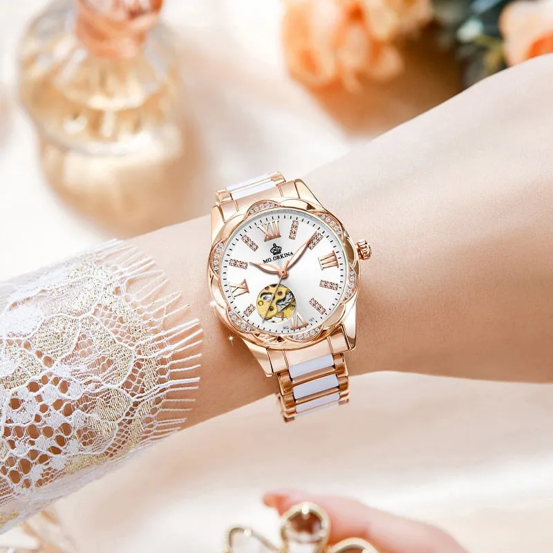 Women's Diamond Hollow Automatic Mechanical Ceramic Strap Wristwatches