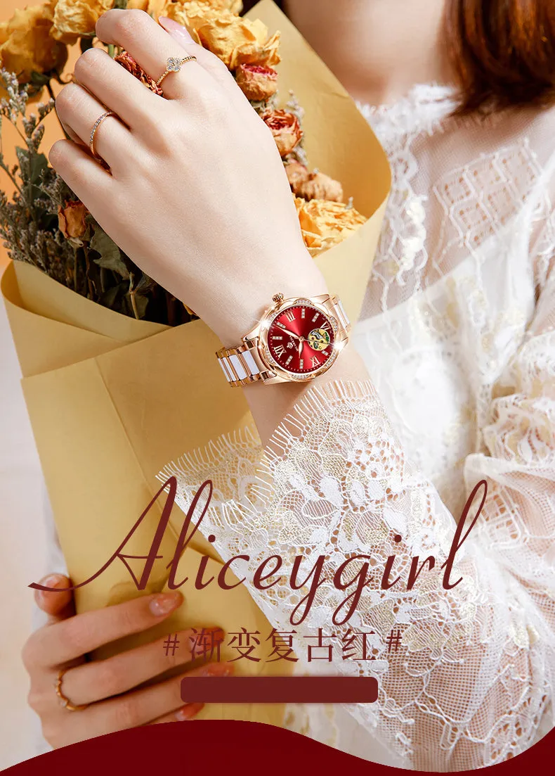 Women's Diamond Hollow Automatic Mechanical Ceramic Strap Wristwatches