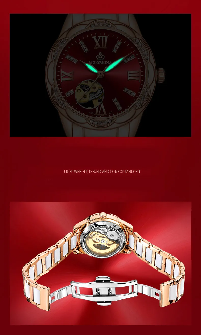 Women's Diamond Hollow Automatic Mechanical Ceramic Strap Wristwatches