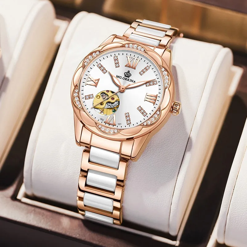 Women's Diamond Hollow Automatic Mechanical Ceramic Strap Wristwatches