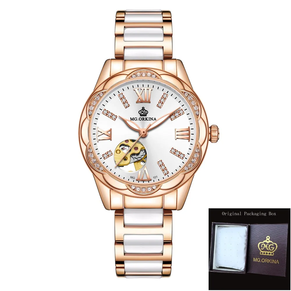 Women's Diamond Hollow Automatic Mechanical Ceramic Strap Wristwatches