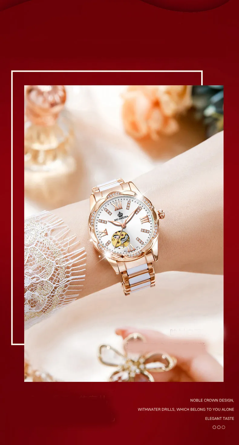 Women's Diamond Hollow Automatic Mechanical Ceramic Strap Wristwatches