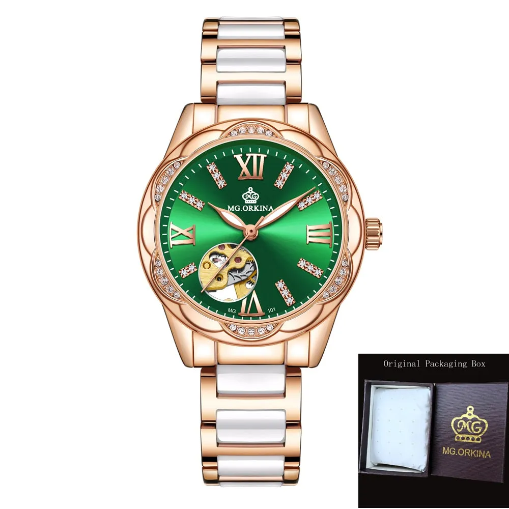 Women's Diamond Hollow Automatic Mechanical Ceramic Strap Wristwatches