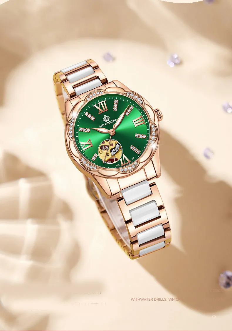 Women's Diamond Hollow Automatic Mechanical Ceramic Strap Wristwatches