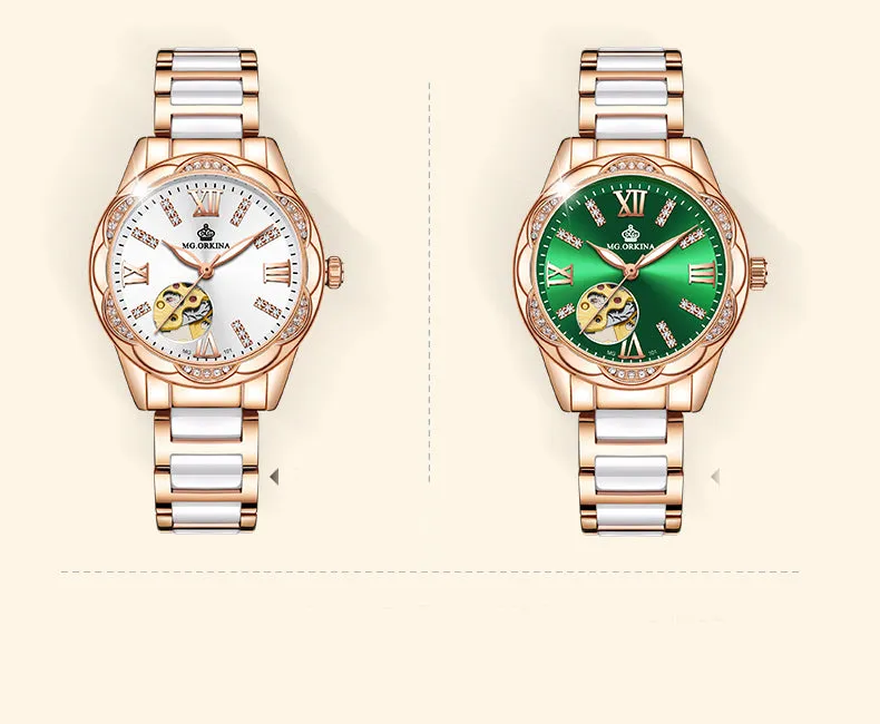 Women's Diamond Hollow Automatic Mechanical Ceramic Strap Wristwatches