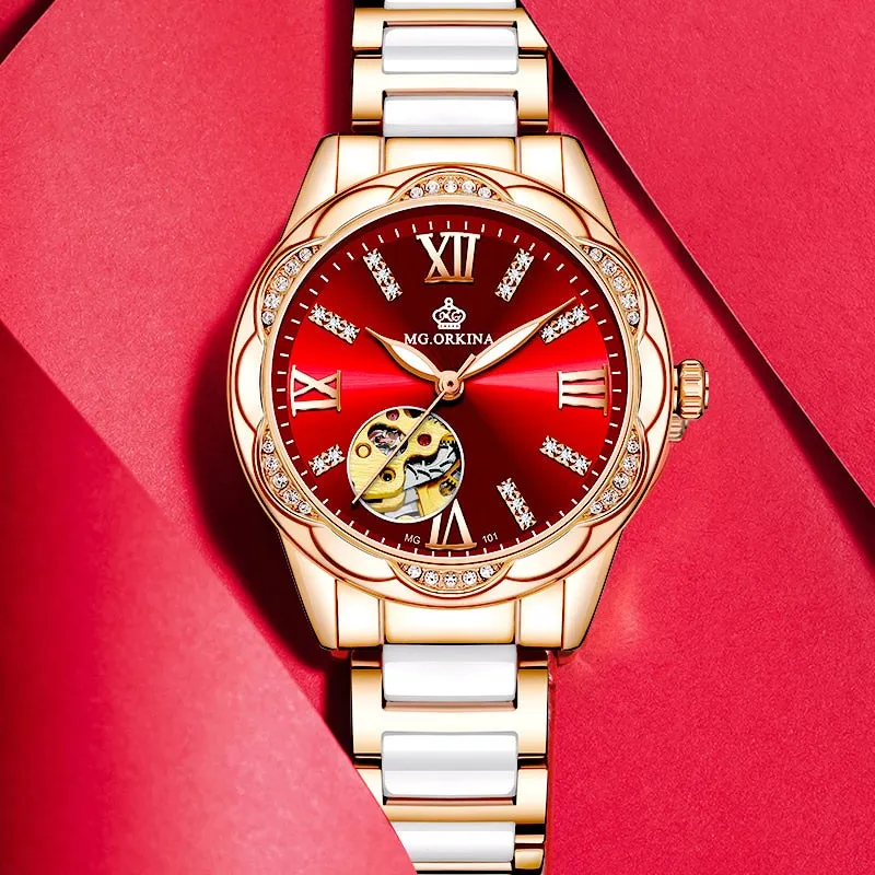 Women's Diamond Hollow Automatic Mechanical Ceramic Strap Wristwatches